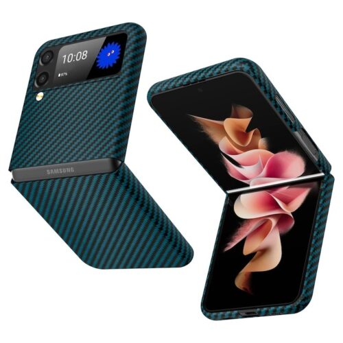 Husa pentru Samsung Z Flip 4 din fibra de aramida, PremiumCell, Protectie Antisoc, Camera Ultra Safe, Albastru