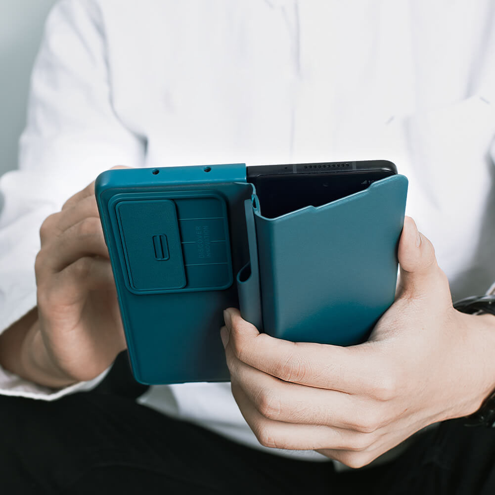 Husa Tip Carte pentru Samsung Galaxy Z Fold 5, Nillkin, Qin Leather, Calitate Premium, Piele, Antisoc, Albastru 1001 04