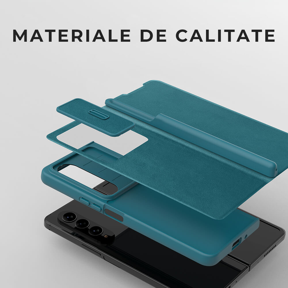 Husa Tip Carte pentru Samsung Galaxy Z Fold 5, Nillkin, Qin Leather, Calitate Premium, Piele, Antisoc, Albastru 1001 09