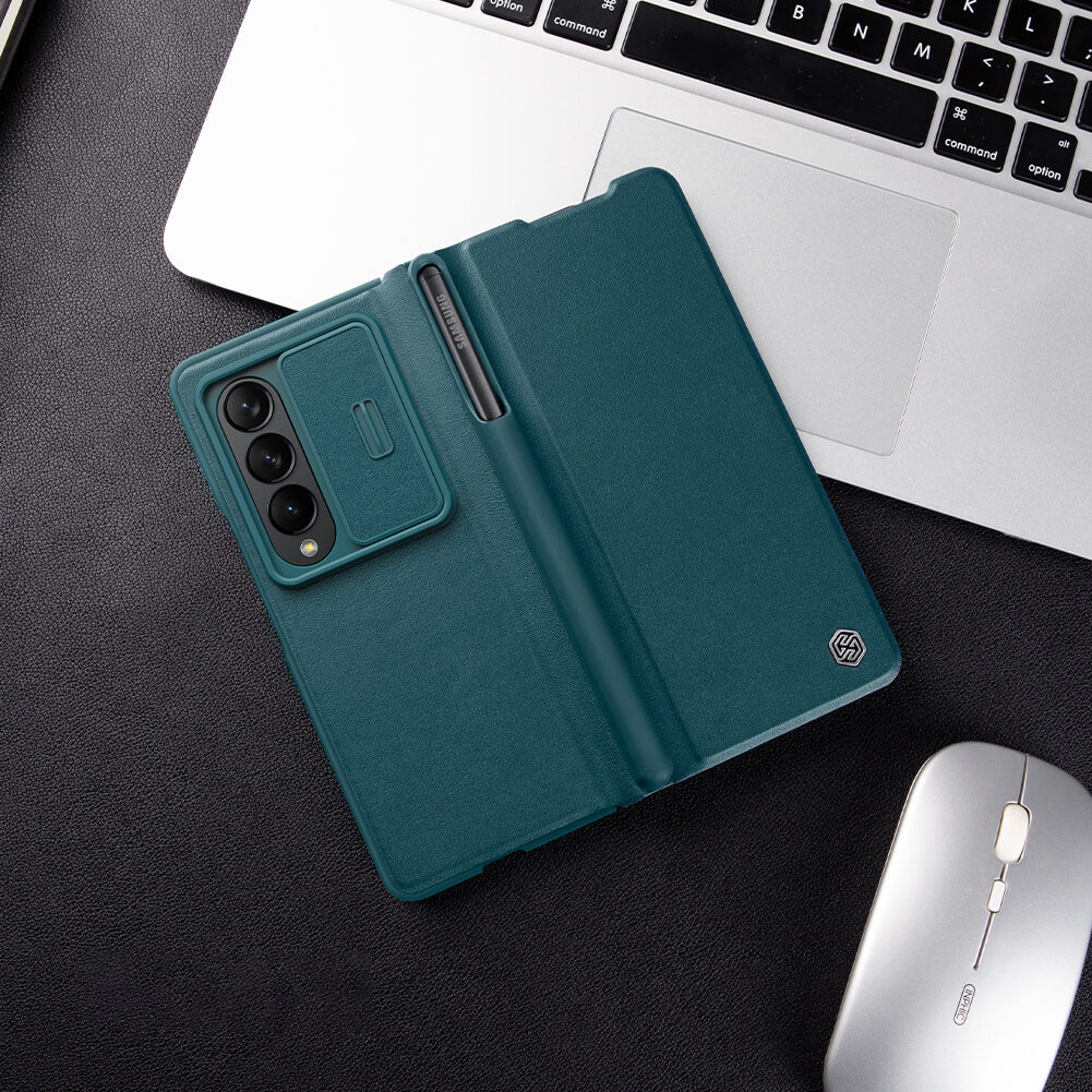 Husa Tip Carte pentru Samsung Galaxy Z Fold 5, Nillkin, Qin Leather, Calitate Premium, Piele, Antisoc, Albastru 1001 11