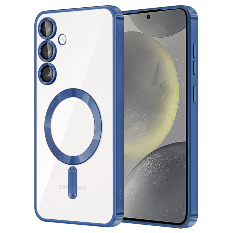 Husa pentru Samsung S23 FE DaDen® MagSafe Luxury compatibil cu protectie camera, Ultra Protectie, Transparent cu margini albastre Husa pentru Samsung S23 FE DaDen® MagSafe Luxury compatibil cu protectie camera, Ultra Protectie, Transparent cu margini albastre