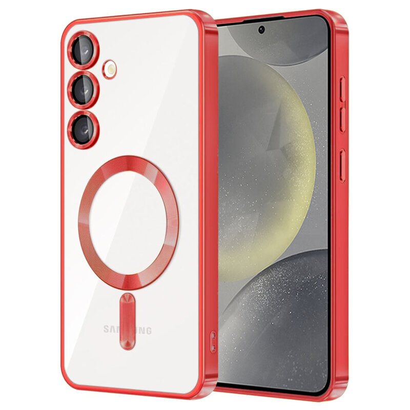 Husa pentru Samsung S23 FE DaDen® MagSafe Luxury compatibil cu protectie camera, Ultra Protectie, Transparent cu margini rosii Husa pentru Samsung S23 FE DaDen® MagSafe Luxury compatibil cu protectie camera, Ultra Protectie, Transparent cu margini rosii