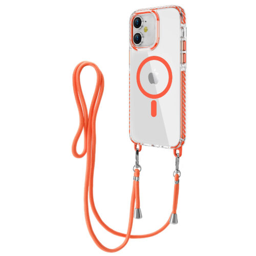 Husa pentru Apple iPhone 11, Snur detasabil, Antisoc, Protectie Superioara, Bumper interior, Magsafe, Transparenta cu Portocaliu