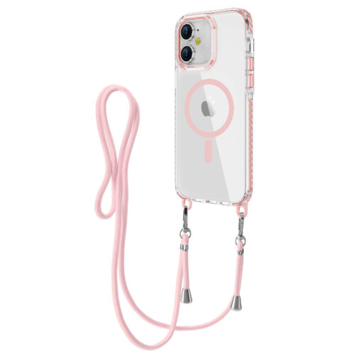 Husa pentru Apple iPhone 11, Snur detasabil, Antisoc, Protectie Superioara, Bumper interior, Magsafe, Transparenta cu Roz