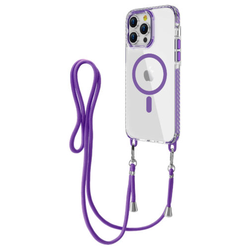 Husa pentru Apple Iphone 14 Pro Max, Snur detasabil, Antisoc, Protectie Superioara, Bumper interior, Magsafe, Transparenta cu Violet