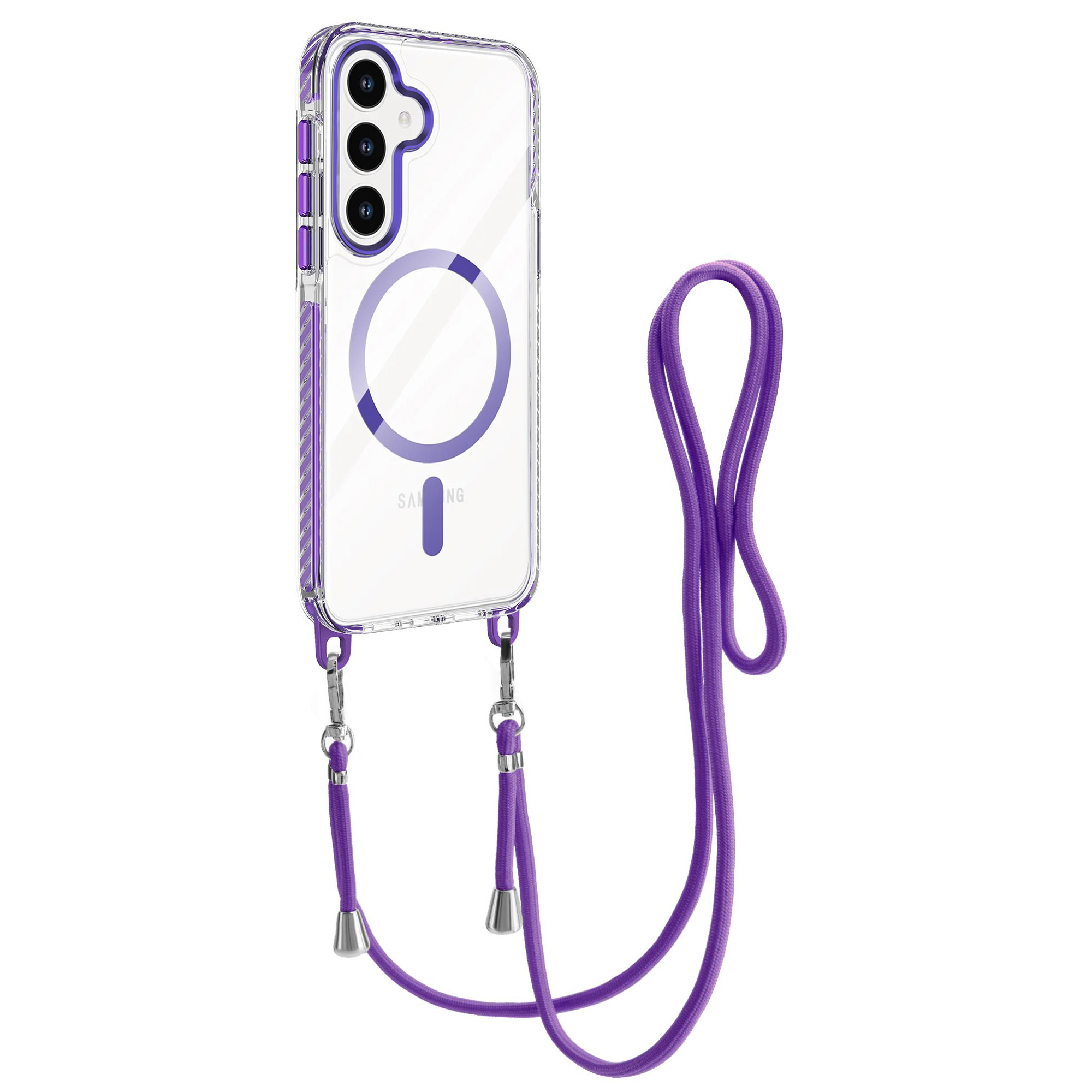 Husa pentru Samsung Galaxy S24, Snur detasabil, Antisoc, Protectie Superioara, Bumper interior, Magsafe, Transparenta cu Violet Husa pentru Samsung Galaxy S24, Snur detasabil, Antisoc, Protectie Superioara, Bumper interior, Magsafe, Transparenta cu Violet