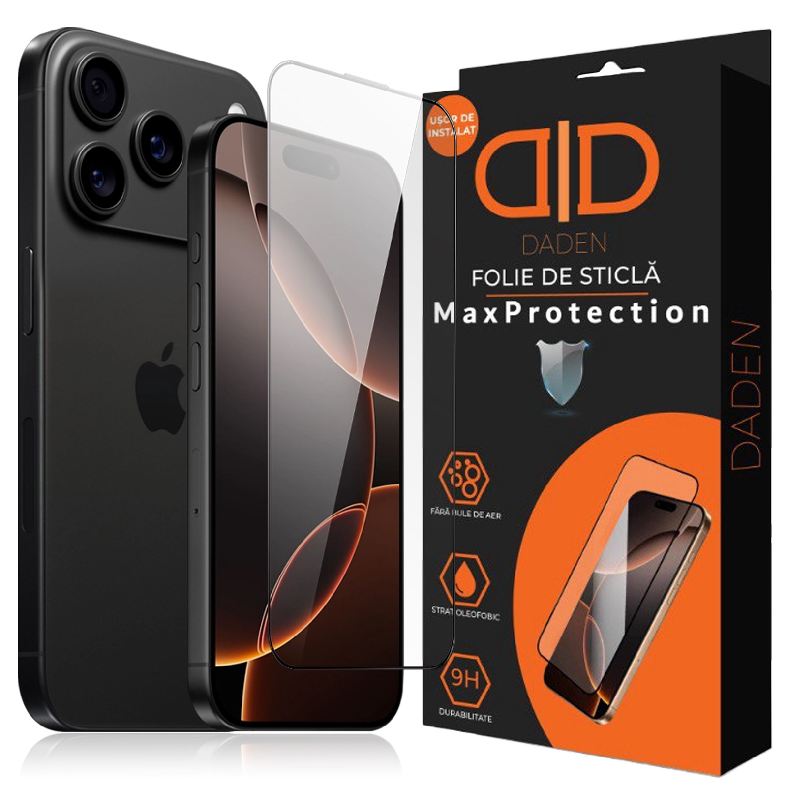 Folie Sticla pentru iPhone 17 Pro Daden MaxProtection, Full Cover, Protectie Profesionala, Ultra Rezistenta, Calitate Premium, Margini negre Folie Sticla pentru iPhone 17 Pro Daden MaxProtection, Full Cover, Protectie Profesionala, Ultra Rezistenta, Calitate Premium, Margini negre