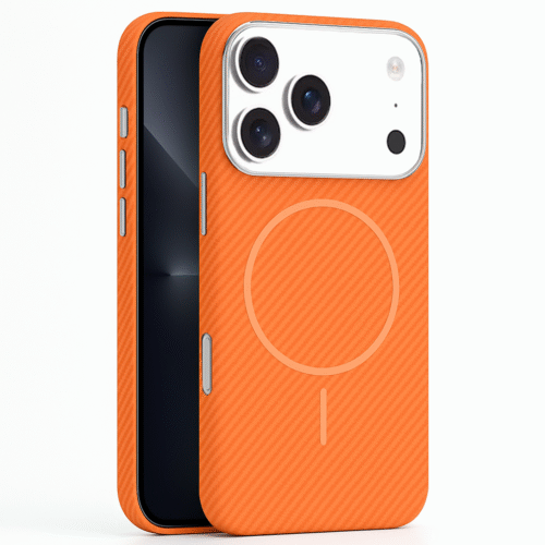 Husa pentru iPhone 17 Pro CarbonFiber, Magsafe integrat, Incarcare wireless, DaDen®, Calitate superioara, Antisoc, Fibra de carbon, Portocaliu