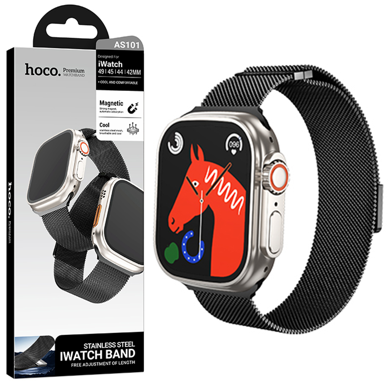 Curea pentru Apple Watch 42/44/45/49mm Hoco AS101 Milanese, Inchidere magnetica, Material metalic, Negru Curea pentru Apple Watch 42/44/45/49mm Hoco AS101 Milanese, Inchidere magnetica, Material metalic, Negru - imagine 2