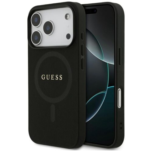 Husa pentru Apple iPhone 17 Pro Max, Guess, Saffiano Classic Logo MagSafe, Incarcare wireless, Negru