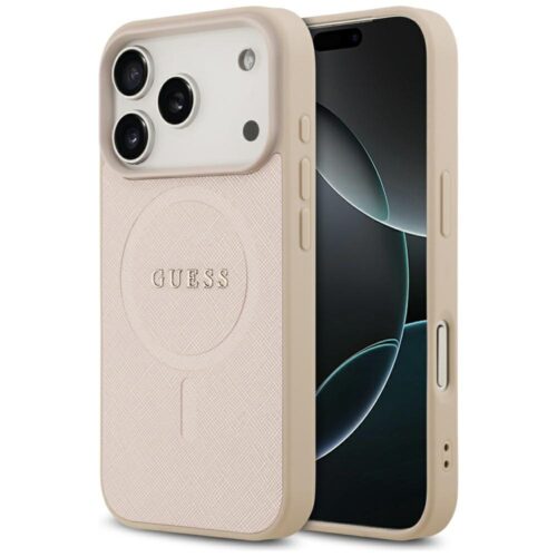 Husa pentru Apple iPhone 17 Pro Max, Guess, Saffiano Classic Logo MagSafe, Incarcare wireless, Roz