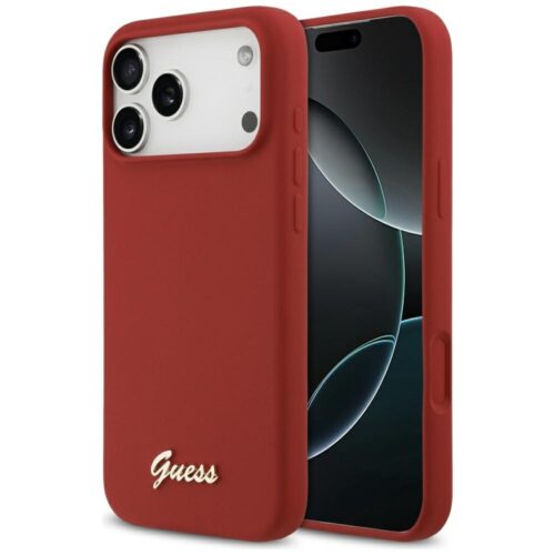 Husa pentru Apple iPhone 17 Pro Max, Guess, Silicone Script Metal Logo MagSafe, Incarcare wireless, Rosu