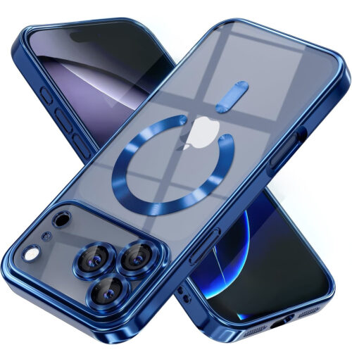 Husa pentru iPhone 17 Pro Max DaDen® MagSafe Luxury, Antisoc, Protectie Camera, Margini Metalizate, Transparenta cu Margini Albastre