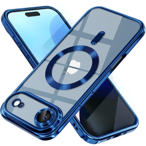 Husa pentru iPhone 17 Air DaDen® MagSafe Luxury, Antisoc, Protectie Camera, Margini Metalizate, Transparenta cu Margini Albastre