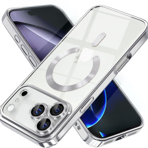 Husa pentru iPhone 17 Pro Max DaDen® MagSafe Luxury, Antisoc, Protectie Camera, Margini Metalizate, Transparenta cu Margini Argintii