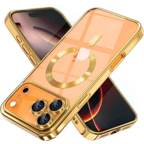 Husa pentru iPhone 17 Pro Max DaDen® MagSafe Luxury, Antisoc, Protectie Camera, Margini Metalizate, Transparenta cu Margini Aurii