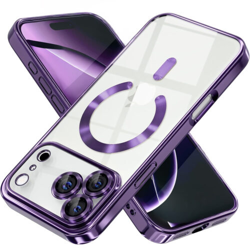 Husa pentru iPhone 17 Pro Max DaDen® MagSafe Luxury, Antisoc, Protectie Camera, Margini Metalizate, Transparenta cu Margini Mov