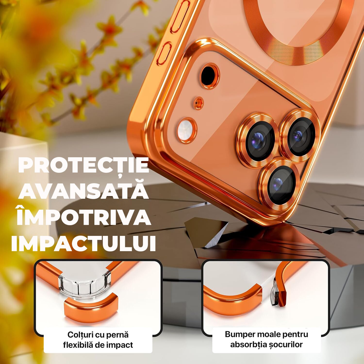 Husa pentru iPhone 17 Pro Max DaDen® MagSafe Luxury, Antisoc, Protectie Camera, Margini Metalizate, Transparenta cu Margini Portocalii Husa pentru iPhone 17 Pro Max DaDen® MagSafe Luxury, Antisoc, Protectie Camera, Margini Metalizate, Transparenta cu Margini Portocalii - imagine 5