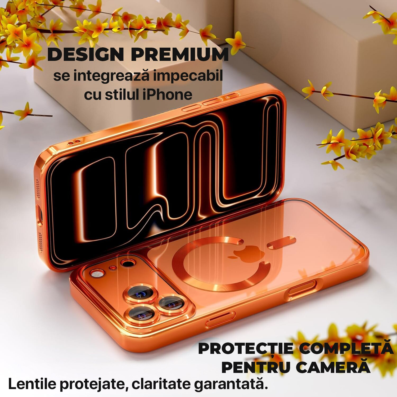 Husa pentru iPhone 17 Pro Max DaDen® MagSafe Luxury, Antisoc, Protectie Camera, Margini Metalizate, Transparenta cu Margini Portocalii Husa pentru iPhone 17 Pro Max DaDen® MagSafe Luxury, Antisoc, Protectie Camera, Margini Metalizate, Transparenta cu Margini Portocalii - imagine 4