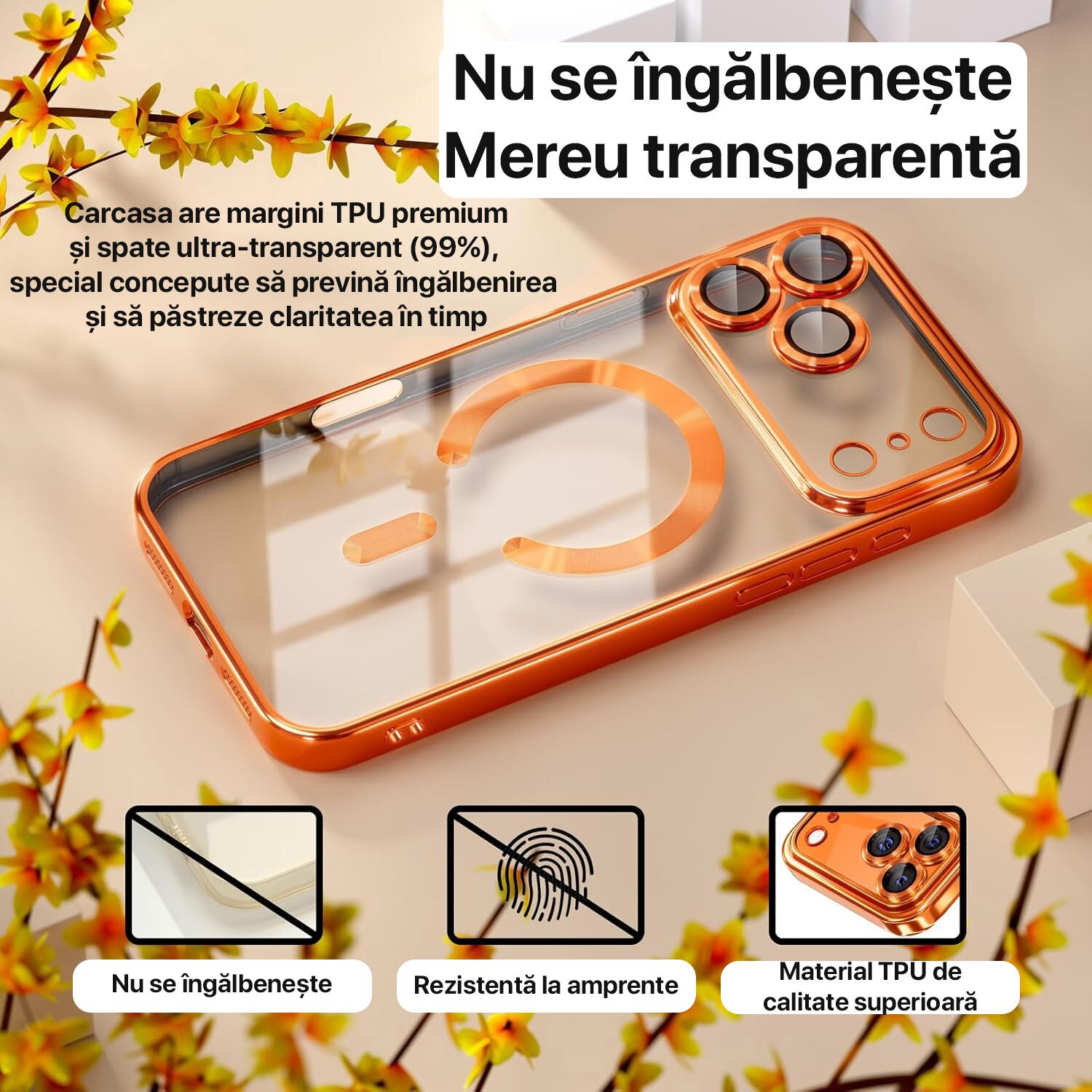 Husa pentru iPhone 17 Pro Max DaDen® MagSafe Luxury, Antisoc, Protectie Camera, Margini Metalizate, Transparenta cu Margini Portocalii Husa pentru iPhone 17 Pro Max DaDen® MagSafe Luxury, Antisoc, Protectie Camera, Margini Metalizate, Transparenta cu Margini Portocalii - imagine 3