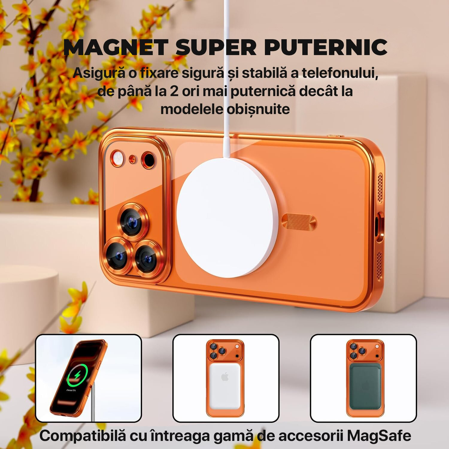 Husa pentru iPhone 17 Pro Max DaDen® MagSafe Luxury, Antisoc, Protectie Camera, Margini Metalizate, Transparenta cu Margini Portocalii Husa pentru iPhone 17 Pro Max DaDen® MagSafe Luxury, Antisoc, Protectie Camera, Margini Metalizate, Transparenta cu Margini Portocalii - imagine 2