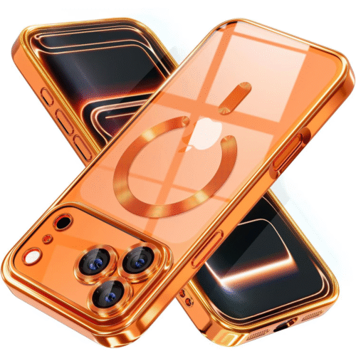 Husa pentru iPhone 17 Pro DaDen® MagSafe Luxury, Antisoc, Protectie Camera, Margini Metalizate, Transparenta cu Margini Portocalii