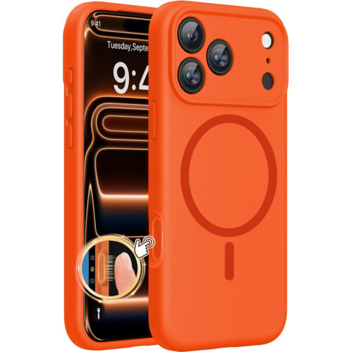 Husa pentru iPhone 17 Pro DaDen® Silicon MagSafe, Incarcare Wireless, Protectie Camera, Antisoc, Protectie Action Button, Portocaliu