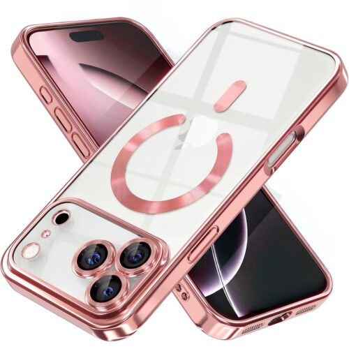 Husa pentru iPhone 17 Pro DaDen® MagSafe Luxury, Antisoc, Protectie Camera, Margini Metalizate, Transparenta cu Margini Roz