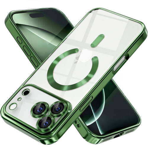 Husa pentru iPhone 17 Pro Max DaDen® MagSafe Luxury, Antisoc, Protectie Camera, Margini Metalizate, Transparenta cu Margini Verzi