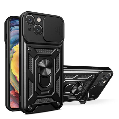 Husa pentru iPhone 15 Premium Hybrid Armor Kickstand, Slider Camera, Antisoc, Protectie Superioara, Negru
