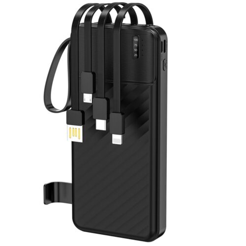 Baterie externa 10000 mAh, incarcare rapida, Daden, cabluri incorporate, incarca 3 dispozitive simultan, display LED, 1x USB-C, 1x Micro Usb, 1x Lightning, QuickCharge / Fast Charge, pentru telefon, tableta si alte dispozitive, negru