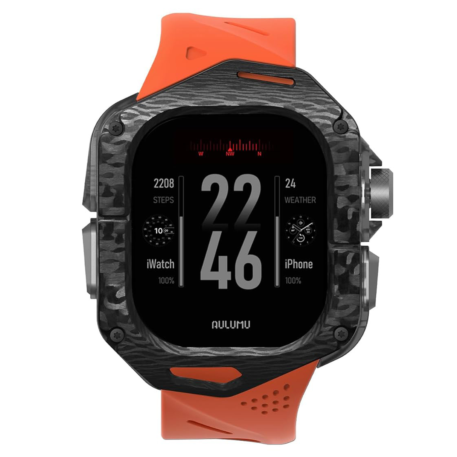 Set Husa si Curea pentru Apple Watch Ultra 1/2/3, Aulumu A01, din Fibra de carbon si cauciuc, Rezistenta la socuri, Butoane metalice tactile, Protectie 360°, Banda FKM elastica si durabila, Rezistenta la apa si transpiratie, Design premium, Portocaliu Set Husa si Curea pentru Apple Watch Ultra 1/2/3, Aulumu A01, din Fibra de carbon si cauciuc, Rezistenta la socuri, Butoane metalice tactile, Protectie 360°, Banda FKM elastica si durabila, Rezistenta la apa si transpiratie, Design premium, Portocaliu