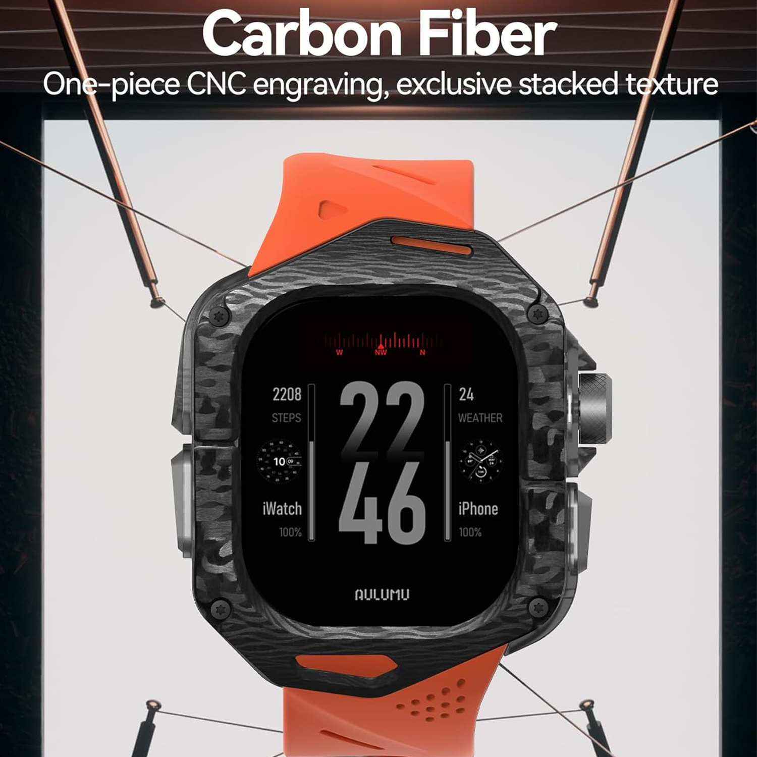Set Husa si Curea pentru Apple Watch Ultra 1/2/3, Aulumu A01, din Fibra de carbon si cauciuc, Rezistenta la socuri, Butoane metalice tactile, Protectie 360°, Banda FKM elastica si durabila, Rezistenta la apa si transpiratie, Design premium, Portocaliu Set Husa si Curea pentru Apple Watch Ultra 1/2/3, Aulumu A01, din Fibra de carbon si cauciuc, Rezistenta la socuri, Butoane metalice tactile, Protectie 360°, Banda FKM elastica si durabila, Rezistenta la apa si transpiratie, Design premium, Portocaliu - imagine 5
