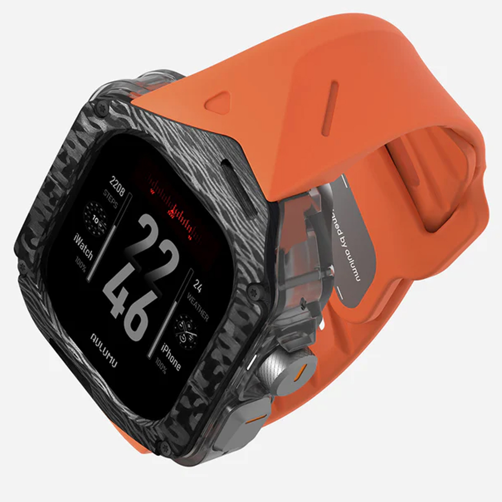 Set Husa si Curea pentru Apple Watch Ultra 1/2/3, Aulumu A01, din Fibra de carbon si cauciuc, Rezistenta la socuri, Butoane metalice tactile, Protectie 360°, Banda FKM elastica si durabila, Rezistenta la apa si transpiratie, Design premium, Portocaliu Set Husa si Curea pentru Apple Watch Ultra 1/2/3, Aulumu A01, din Fibra de carbon si cauciuc, Rezistenta la socuri, Butoane metalice tactile, Protectie 360°, Banda FKM elastica si durabila, Rezistenta la apa si transpiratie, Design premium, Portocaliu - imagine 2
