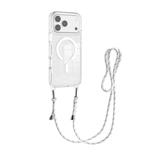 Husa pentru Apple iPhone 17 Pro Max DaDen®, Snur detasabil, Antisoc, Protectie Superioara, Bumper interior, Magsafe, Transparenta cu Alb