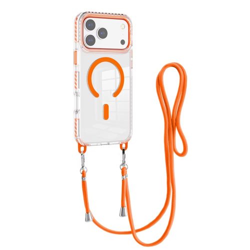 Husa pentru Apple iPhone 17 Pro Max DaDen®, Snur detasabil, Antisoc, Protectie Superioara, Bumper interior, Magsafe, Transparenta cu Portocaliu