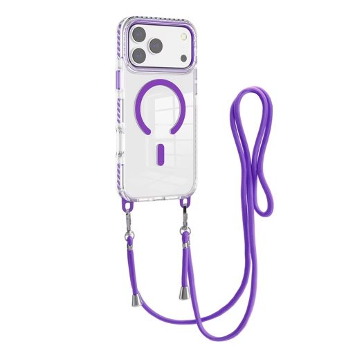 Husa pentru Apple iPhone 17 Pro Max DaDen®, Snur detasabil, Antisoc, Protectie Superioara, Bumper interior, Magsafe, Transparenta cu Mov