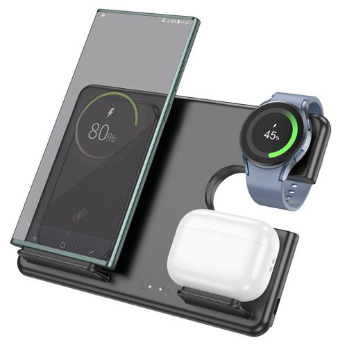 Statie de incarcare wireless 3 in 1 Hoco CQ2 pentru dispozitivele Samsung, 5V, 3A, Stativ incorporat, Negru
