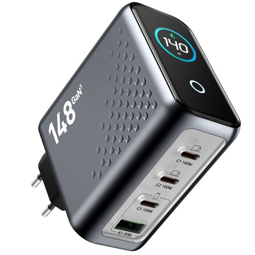 Incarcator 140W Turbo Fast Charge GaN cu Afisaj Digital, Daden, 3xUSB Type-C, 1xUSB Type-A, Incarcare Rapida, Power Delivery 3.1, Protectie inteligenta, Negru