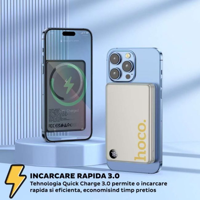 Baterie externa cu incarcare wireless Hoco Q34, 20W, 1xUSB-C, 1xUSB, PD, QC3.0, 10000mAh, Incarcare rapida, Auriu Baterie externa cu incarcare wireless Hoco Q34, 20W, 1xUSB-C, 1xUSB, PD, QC3.0, 10000mAh, Incarcare rapida, Auriu - imagine 3