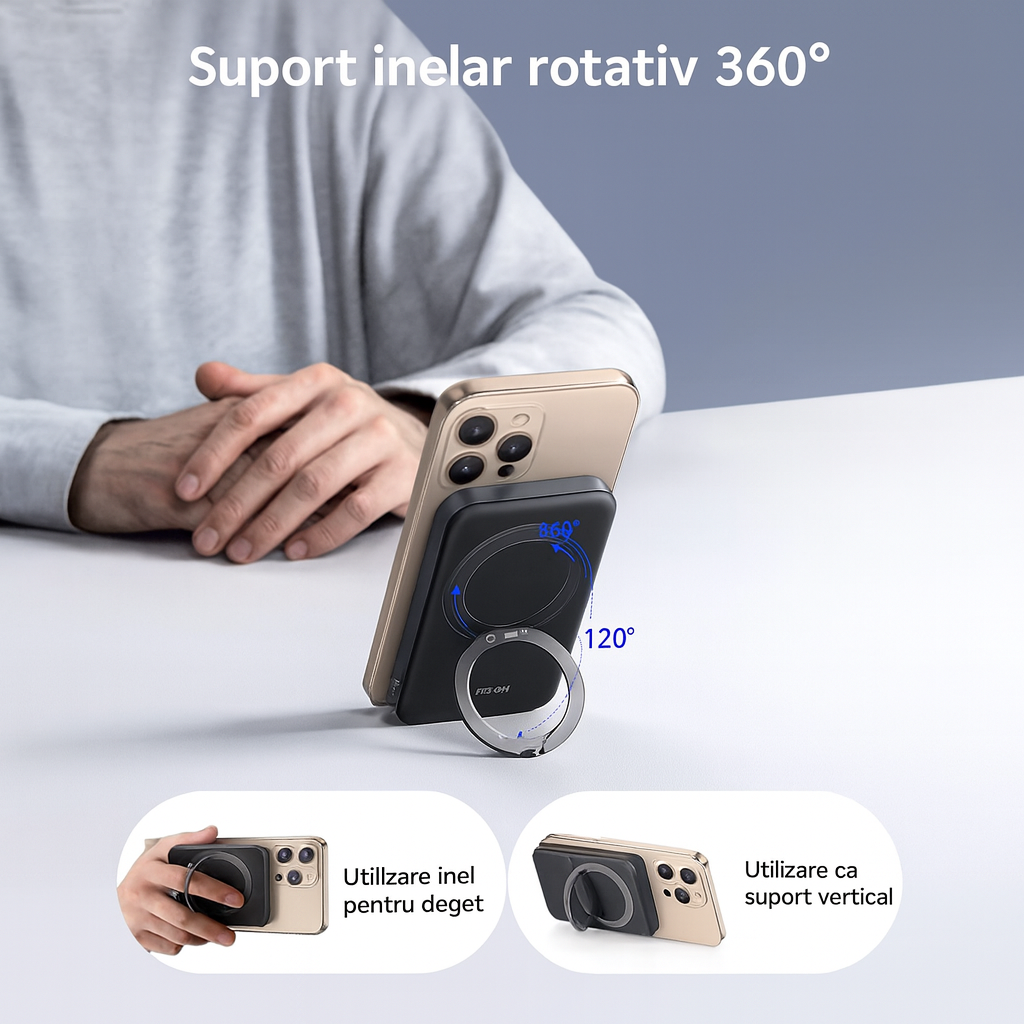 Baterie externa cu incarcare wireless Joyroom PBM12, Inel rotativ, 22.5W, 1xUSB-C, 1xUSB, PD, QC3.0, 10000 mAh, Incarcare rapida, Negru Baterie externa cu incarcare wireless Joyroom PBM12, Inel rotativ, 22.5W, 1xUSB-C, 1xUSB, PD, QC3.0, 10000 mAh, Incarcare rapida, Negru - imagine 2