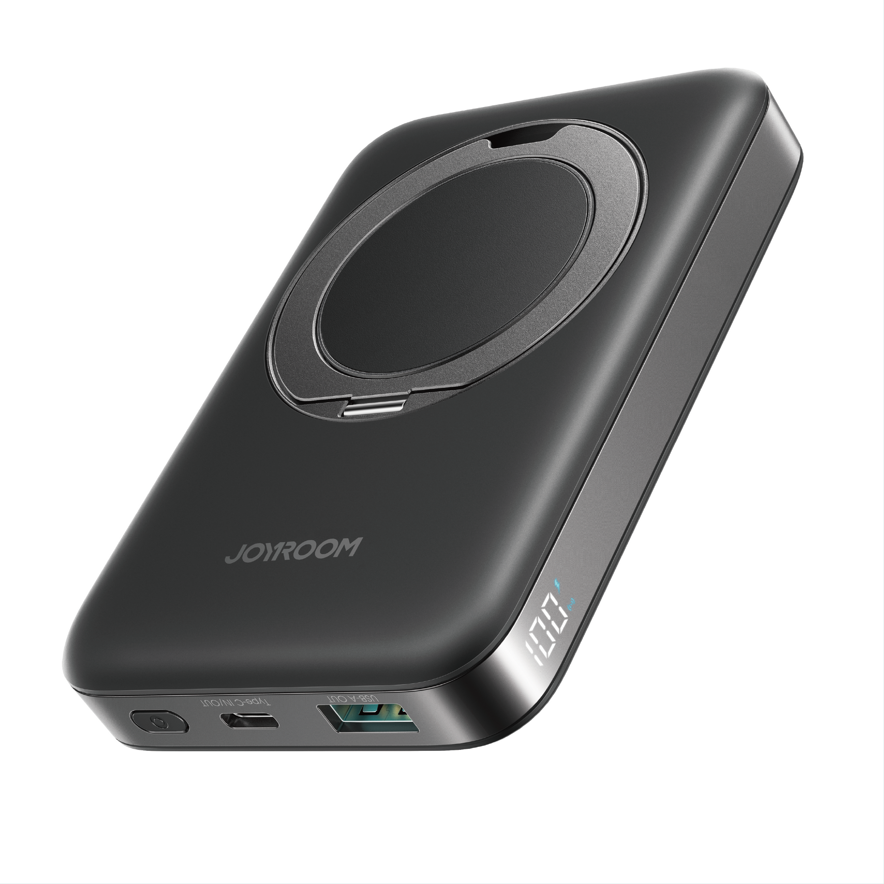 Baterie externa cu incarcare wireless Joyroom PBM12, Inel rotativ, 22.5W, 1xUSB-C, 1xUSB, PD, QC3.0, 10000 mAh, Incarcare rapida, Negru Baterie externa cu incarcare wireless Joyroom PBM12, Inel rotativ, 22.5W, 1xUSB-C, 1xUSB, PD, QC3.0, 10000 mAh, Incarcare rapida, Negru