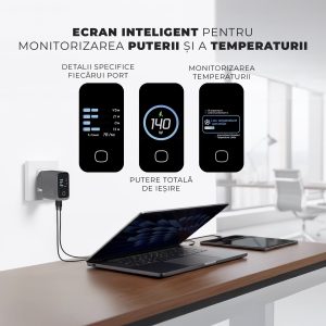Incarcator 140W Turbo Fast Charge GaN cu Afisaj Digital, Daden, 3xUSB Type-C, 1xUSB Type-A, Incarcare Rapida, Power Delivery 3.1, Protectie inteligenta, Negru PWGAN140WBK7 copy