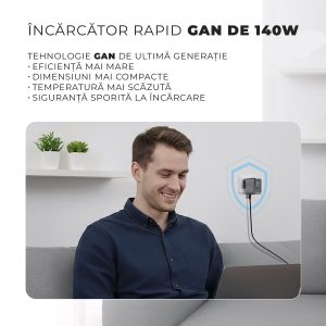 Incarcator 140W Turbo Fast Charge GaN cu Afisaj Digital, Daden, 3xUSB Type-C, 1xUSB Type-A, Incarcare Rapida, Power Delivery 3.1, Protectie inteligenta, Negru PWGAN140WBK8 copy