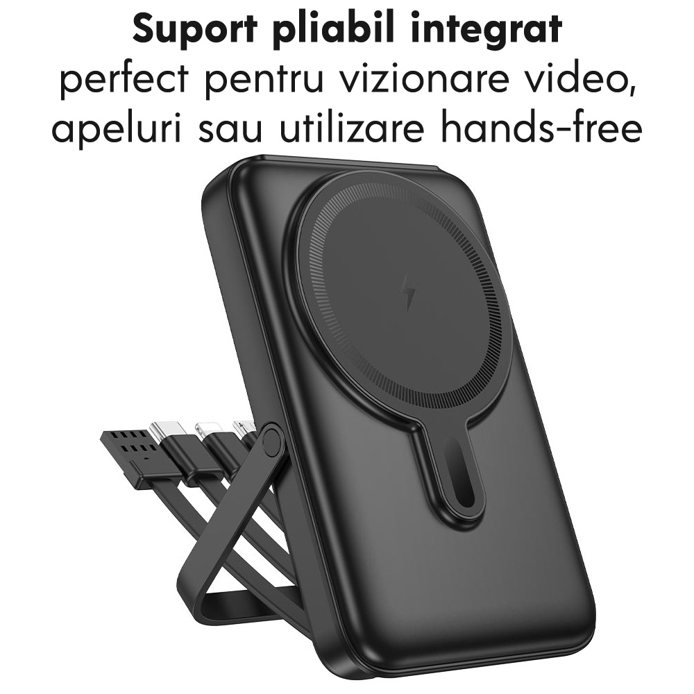 Baterie externa cu incarcare wireless Hoco J135, 22.5W+PD20W, Magnetica, Suport pliabil, 10000mAh, Incarcare rapida, 4 cabluri cu incarcare rapida, Negru Baterie externa cu incarcare wireless Hoco J135, 22.5W+PD20W, Magnetica, Suport pliabil, 10000mAh, Incarcare rapida, 4 cabluri cu incarcare rapida, Negru - imagine 6