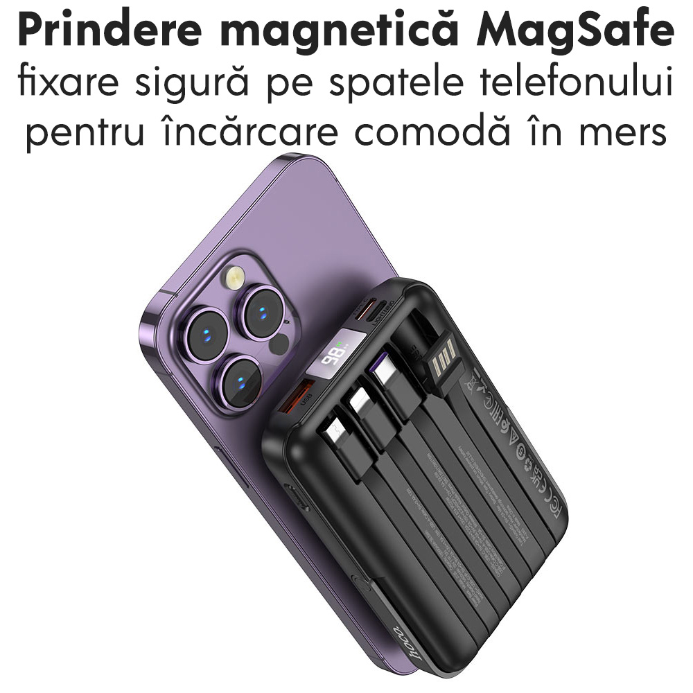Baterie externa cu incarcare wireless Hoco J135, 22.5W+PD20W, Magnetica, Suport pliabil, 10000mAh, Incarcare rapida, 4 cabluri cu incarcare rapida, Negru Baterie externa cu incarcare wireless Hoco J135, 22.5W+PD20W, Magnetica, Suport pliabil, 10000mAh, Incarcare rapida, 4 cabluri cu incarcare rapida, Negru - imagine 3