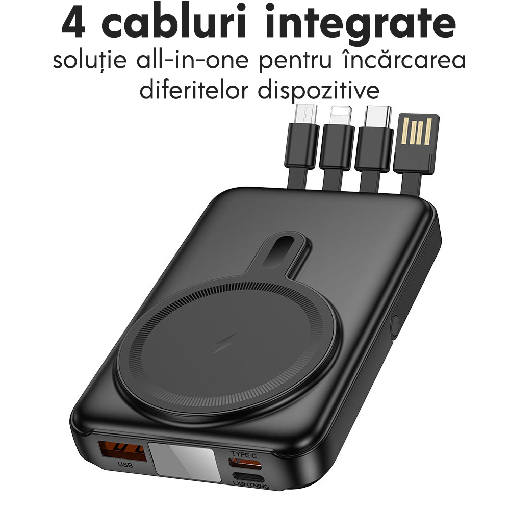 Baterie externa cu incarcare wireless Hoco J135, 22.5W+PD20W, Magnetica, Suport pliabil, 10000mAh, Incarcare rapida, 4 cabluri cu incarcare rapida, Negru Baterie externa cu incarcare wireless Hoco J135, 22.5W+PD20W, Magnetica, Suport pliabil, 10000mAh, Incarcare rapida, 4 cabluri cu incarcare rapida, Negru - imagine 2