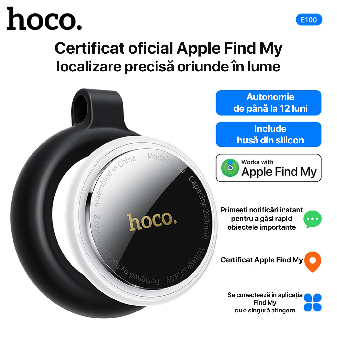 AirTag Hoco E100, Dispozitiv anti-pierdere tip AirTag, Compatibil Apple Find My, Certificat MFi, Localizare precisa, Alb AirTag Hoco E100, Dispozitiv anti-pierdere tip AirTag, Compatibil Apple Find My, Certificat MFi, Localizare precisa, Alb - imagine 5
