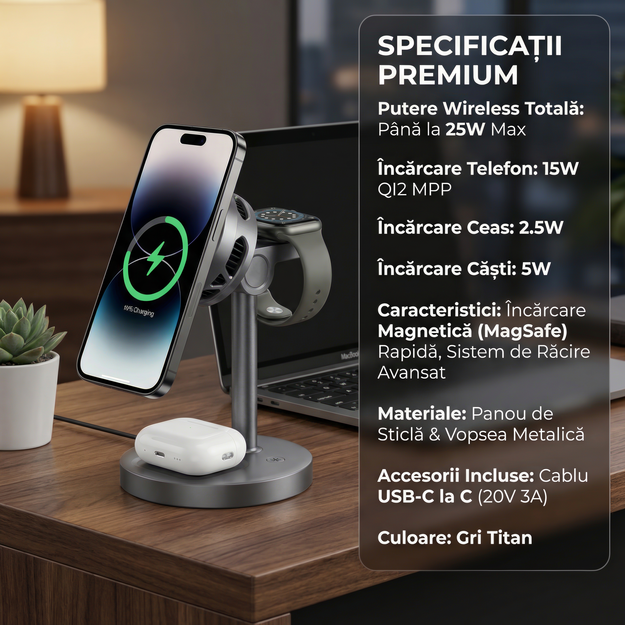 Incarcator Wireless Statie Incarcare 3 In 1 Qi Fast Charger 25W, Compatibil Magsafe, Daden®, Incarcare Rapida, pentru Apple iPhone, Airpods, Smartwatch, Toate Modele si Iphone Android Samsung Huawei Xiaomi, Negru Incarcator Wireless Statie Incarcare 3 In 1 Qi Fast Charger 25W, Compatibil Magsafe, Daden®, Incarcare Rapida, pentru Apple iPhone, Airpods, Smartwatch, Toate Modele si Iphone Android Samsung Huawei Xiaomi, Negru - imagine 2