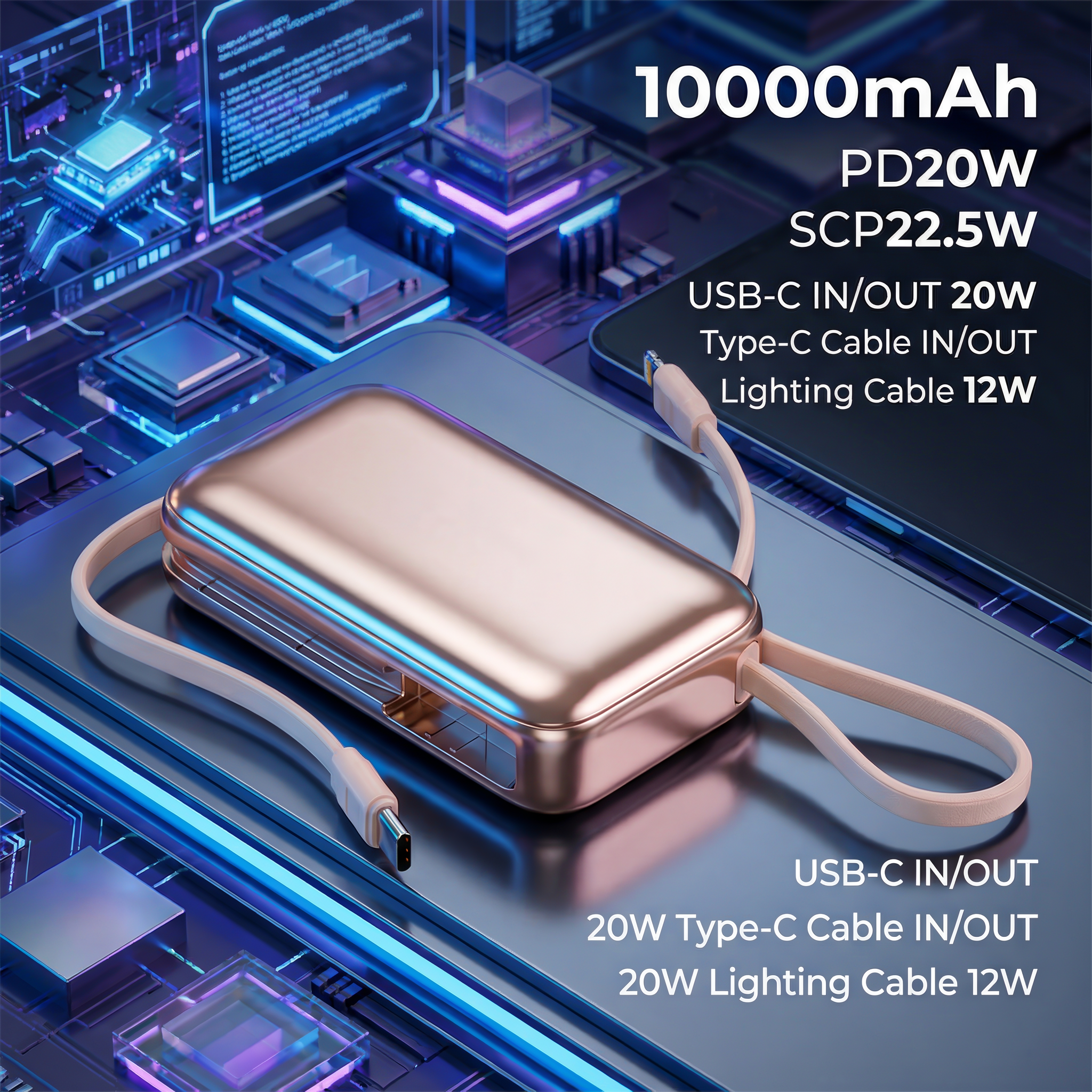 Baterie Externa UltraPortabila Daden 10.000mAh, Power Bank Portabil, Cabluri Integrate, Incarcare Rapida 22.5W, Display LED, Compatibil Apple, Samsung, Universal, Type-C, Lightning, USB-A, Roz Baterie Externa UltraPortabila Daden 10.000mAh, Power Bank Portabil, Cabluri Integrate, Incarcare Rapida 22.5W, Display LED, Compatibil Apple, Samsung, Universal, Type-C, Lightning, USB-A, Roz - imagine 4